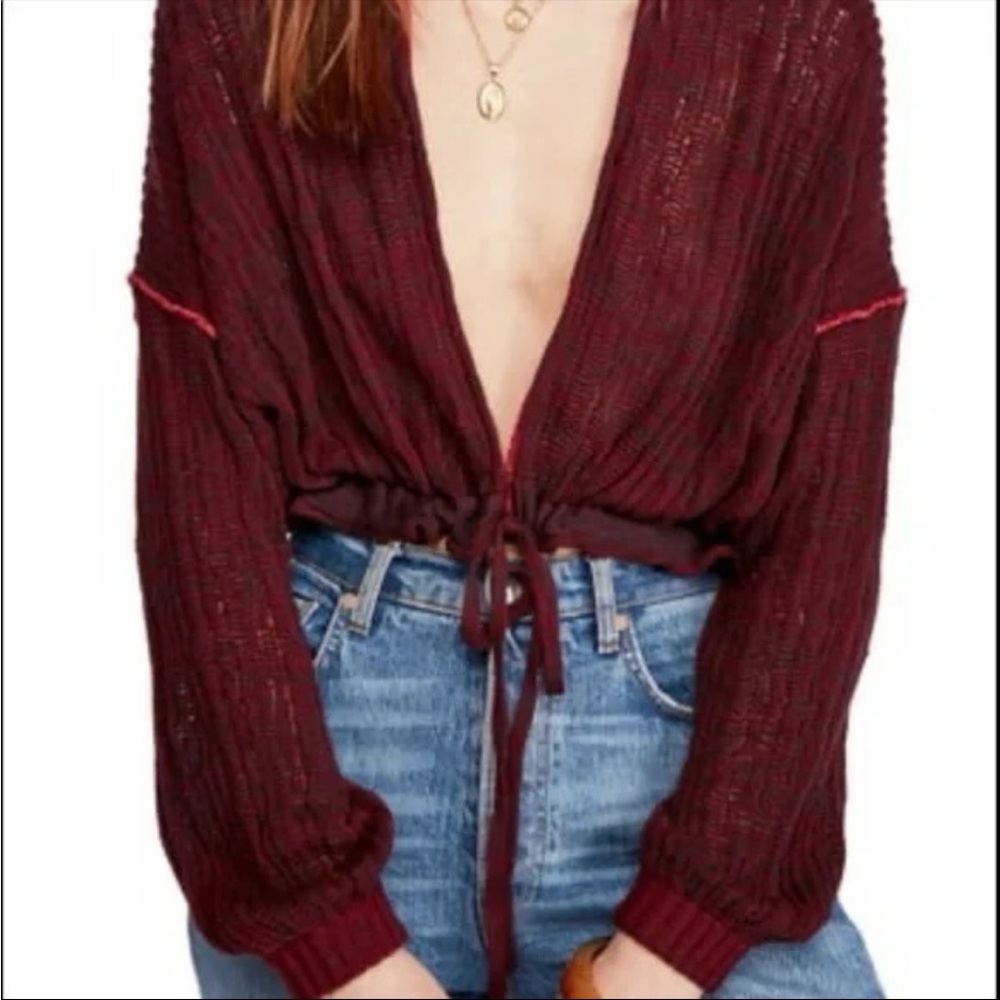 Free people Florence Crop Top Sweater burgundy size medium worn once - Picture 2 of 8
